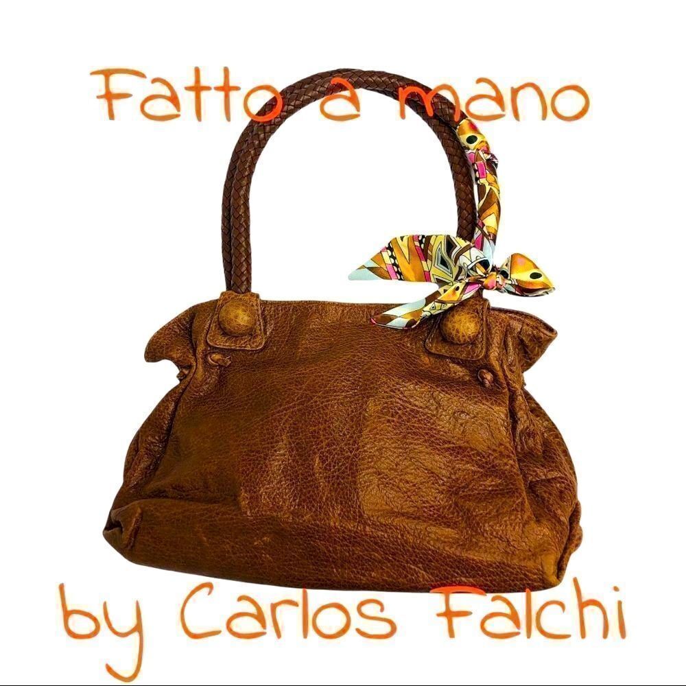 Fatto a mano by Carlos Falchi Vintage Leather Satchel Bag Purse w Accent Scarf
